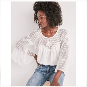 Lucky Brand Sheer Peasant Blouse Ivory/White Embroidered Bell Sleeve Boho Size S